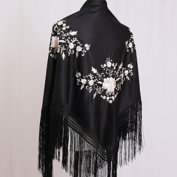 Black Embroidered Fringe Shawl Wrap - Picture 2 of 2